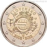 Монета 2 Евро Словакии "10 лет наличному обращению евро" AU, 2012 год