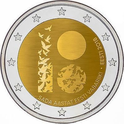 Монета Эстонии 2 евро "100 лет Эстонской Республике" AU, 2018 год