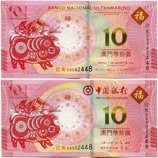 Банкноты Макао 10 патак "Год свиньи" (2 боны, 2 банка), AU, 2019