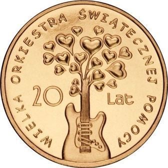 Монета Польши 2 Злотых, "20 лет Большому Благотворительному Рождественскому Оркестру" AU, 2012