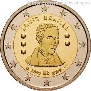 Монета Бельгии 2 Евро "200 лет со дня рождения Луи Брайля" AU, 2009 год