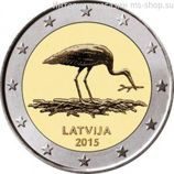 Монета Латвии 2 Евро 2015 год "Природа в опасности. Чёрный аист", AU