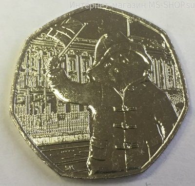 Монета Великобритании 50 пенсов "60 лет медвежонку Паддингтону (с флагом)", AU, 2018