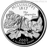 Монета 25 центов США "Миссисипи", AU, 2002, D