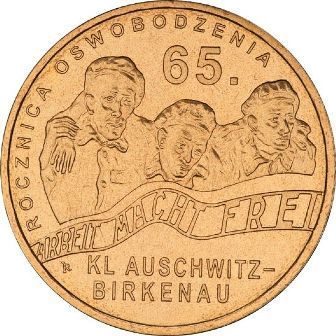 Монета Польши 2 Злотых, "65-я годовщина освобождения Аушвиц-Биркенау (Освенцим)" AU, 2010