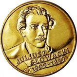 Монета Польши 2 Злотых, "150 лет со дня смерти Юлиуша Словацкого" AU, 1999