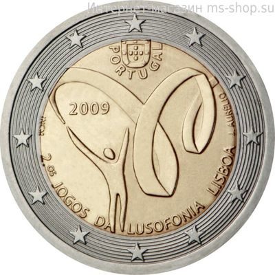 Монета 2 Евро Португалии  "Вторые спортивные игры португалоязычных стран" AU, 2009 год