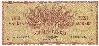 Банкнота Финляндии 1 марка, AU, 1963