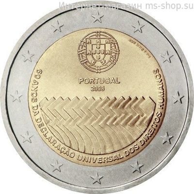 Монета 2 Евро Португалии  "60-летие принятия Всеобщей декларации прав человека" AU, 2008 год