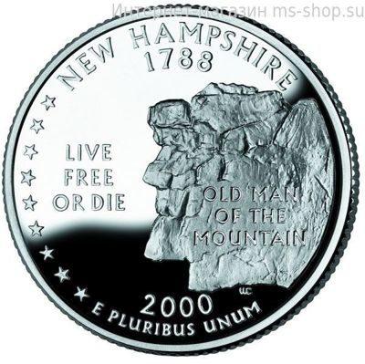 Монета 25 центов США "Нью-Гэмпшир", AU, 2000, D