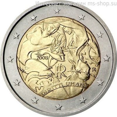 Монета 2 Евро Италии "60-летие принятия Всеобщей декларации прав человека" AU, 2008 год