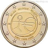 Монета Бельгии 2 Евро "10 лет Экономическому и валютному союзу" AU, 2009 год