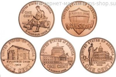 Набор из 5 монет "Жизнь Линкольна" (1 цент, США, 2009-2016 гг.)