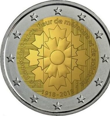 Монета Франции 2 евро "Василёк Воспоминания (к окончанию Первой мировой войны") AU, 2018 год